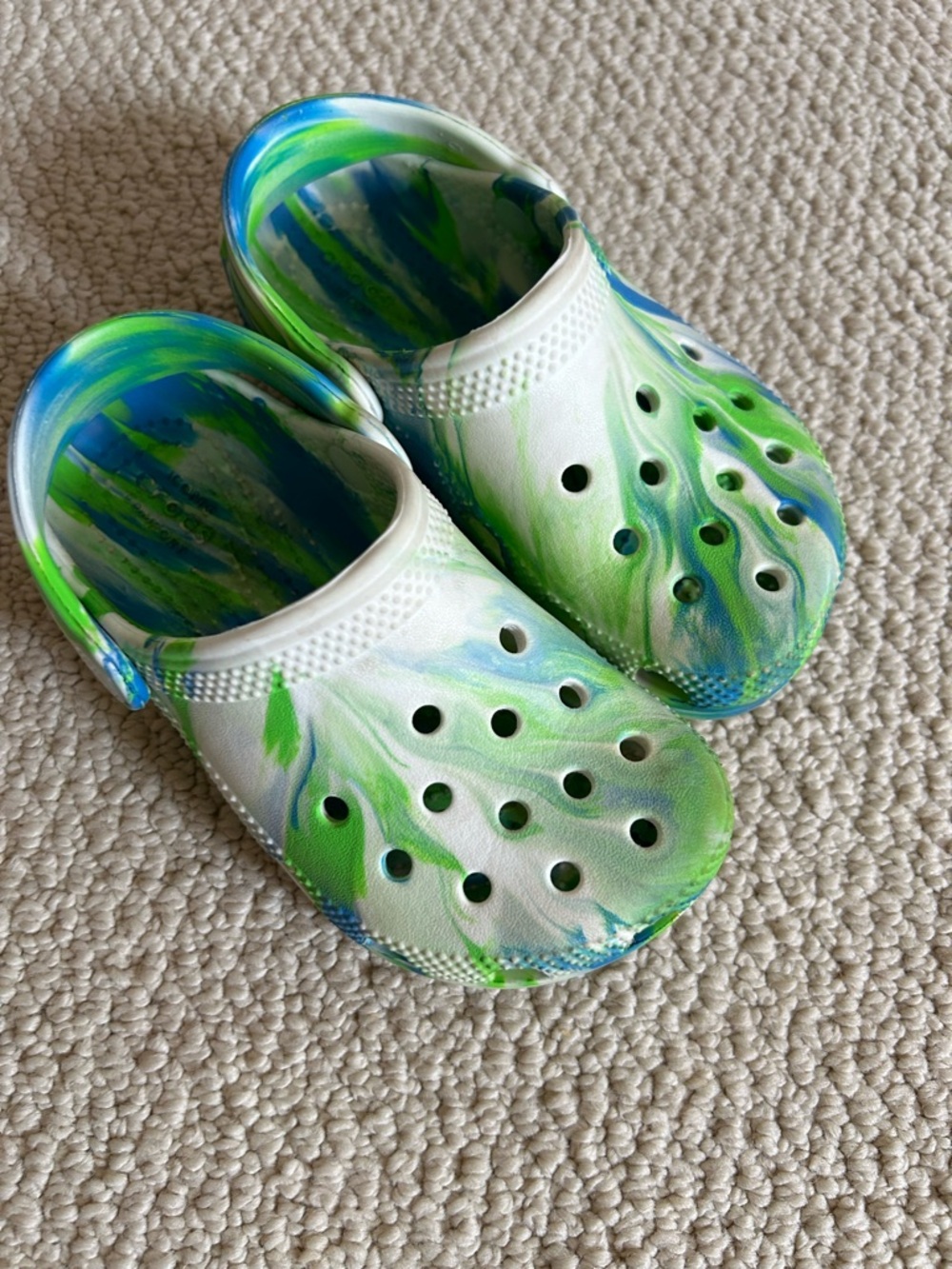 Little Kids size 10 CROCS, Glow in the Dark, Green & Blue Marble Swirl